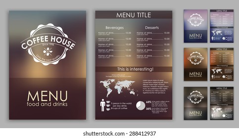 Menu design with blurred background (flyers, banners, brochures) for the coffee shop or cafe. Vector illustration. Set.