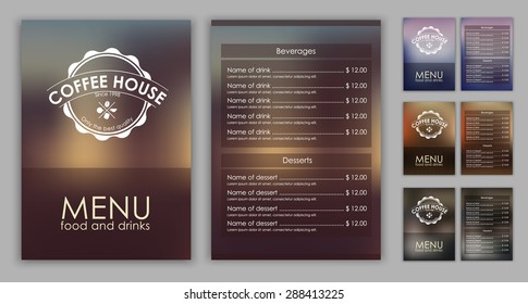 Menu design with blurred background (flyers, banners, brochures) for the coffee shop or cafe. Vector illustration. Set.