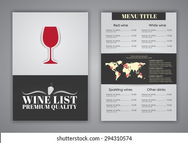 Menu design (brochures, flyers) for wine shops, cafes or restaurants. Vector illustration.