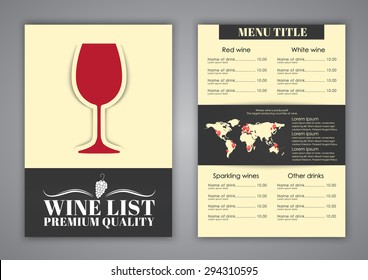 Menu design (brochures, flyers) for wine shops, cafes or restaurants. Vector illustration.