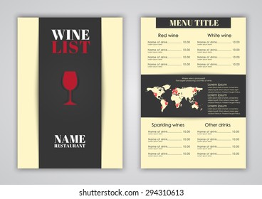 Menu design (brochures, flyers) for wine shops, cafes or restaurants. Vector illustration.