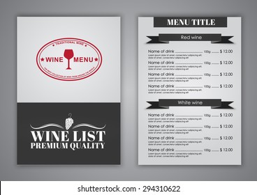 Menu design (brochures, flyers) for wine shops, cafes or restaurants. Vector illustration.
