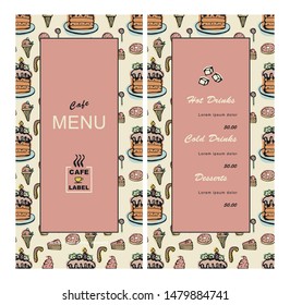 Menu design for cafe, coffee shop, bistro, restaurant. Hand-drawn vector illustration in pastel colors, retro style.