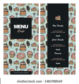 Menu design for cafe, coffee shop, bistro, restaurant. Hand-drawn vector illustration in pastel colors, retro style.