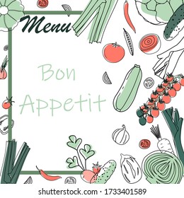 Menu design for cafe, restaurant. Hand-drawn vegetables. Line graphics. Scandinavian style. Vector illustration.