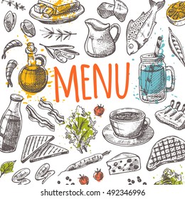 Menu design card with elements of kitchen on the watercolor splash. Hand drawn vector illustration. Can be used for menu, cafe, restaurant, bar, poster, banner, sticker, placard, symbol and other.