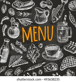 Menu design card. Hand drawn vector illustration. Can be used for menu, cafe, restaurant, bar, poster, banner, sticker, placard, symbol and other design.