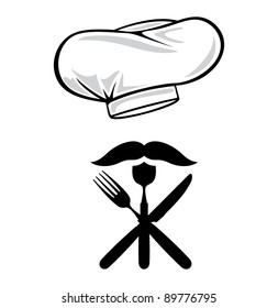 Menu design chef hat with fork, spoon, knife and mustache