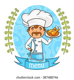 menu design. chef holding a tray with chicken. background pattern of branches with leaves on the sides. logo. vector. blue.