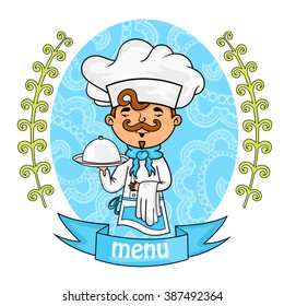 menu design. chef with a tray in his hands. background pattern of branches with leaves on the sides. logo. vector. blue.