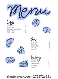 Menú Diseño - Café, té y panadería Precio Lista con Ilustraciones Dibujadas a Mano
Elegante Plantilla de menú de cafetería minimalista con un cálido esquema de color beige y marrón. Encantadoras ilustraciones dibujadas a mano de