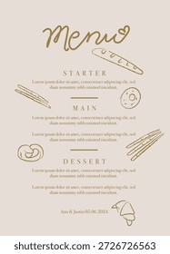 Menú Diseño - Café, té y panadería Lista de Precios con Ilustraciones dibujadas a mano

Elegante Plantilla minimalista de menú de cafetería con un cálido esquema de color beige y marrón. Encantadoras ilustraciones dibujadas a mano de artículos de cafetería acompañan el texto, incluyendo una rosquilla, rollo de canela, cruasán, cupcake, pretzel y rebanada de pastel.
Perfecto para:
Cafetería 
Plantillas de restaurantes
Señalización de exhibición de panadería
Materiales de marca de cafetería
Pequeño marketing empresarial
Gráficos de la industria de servicios de alimentos
Menús de bistró y salón de té
Instagram y publicaciones en redes sociales
Decoración interior de la pared del café
Moderno diseño de restaurante minimalista
Materiales de la industria hotelera
La suave paleta neutra y la estética escrita a mano crean un ambiente acogedor y artesanal ideal para cafeterías independientes, cafeterías especializadas o panaderías boutique que enfatizan la calidad y la artesanía.

