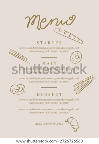 Menu Design - Coffee, Tea and Bakery Price List with Hand-Drawn Illustrations
Elegant minimalist cafe menu template featuring a warm beige and brown color scheme. Charming hand-drawn illustrations of