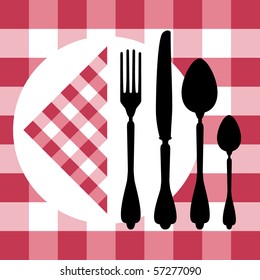 Menu design with cutlery silhouettes on red tablecloth