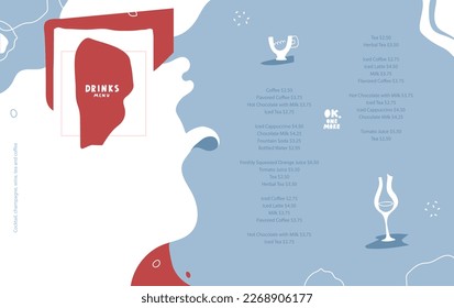 Menu design. Drinks, champagne, lemonade, red wine, cocktail, coffee, tea. Vector editable layout. Abstract shapes and lines. Splash, splash, drops. Blue, white, red. List, booklet, brochure, poster