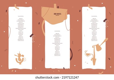 Menu design. Сoffee, espresso, latte, cappuccino. Vector template for cafe, restaurant, coffee shop on the street or takeaway.  List, banner, booklet, flyer, brochure. Abstract spots, lines, shapes