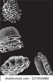 Menu design , fast food isolated on black background,vector engraved illustration