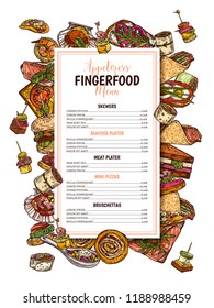 Menu design with finger food background for restaurant, cafe. Snacks, appetizers, mini canapes, sandwiches, seafood, hamburger, rolls. Vector illustration in flat style, colorful hand drawn sketch