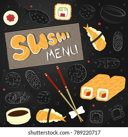 menu design with hand-drawn silhouettes of sushi and rolls