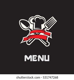 menu design with hat, fork and spoon on black background