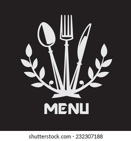 menu design with knife, fork and spoon on black background 