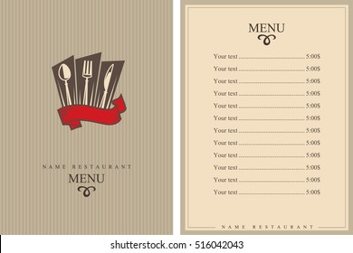 Menu design with knife, spoon and fork. Brochure template for restaurant. Vector illustration