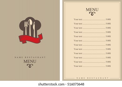 Menu design with knife, spoon and fork. Brochure template for restaurant. Vector illustration