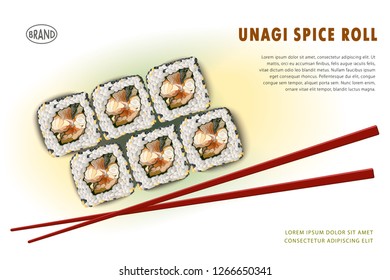 Menu design layout. Japaneese food, realistic artwork of rolls and sticks. Useful for restaurant advertising graphic printable design.