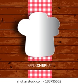 Menu design, Papercut chef hat on wooden background. Vector eps10