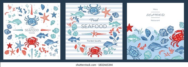 Menu design Seafood Restaurant. Seafood Background With Hand Drawn Illustrations