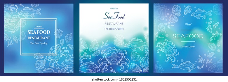 Menu design Seafood Restaurant. Seafood Background With Hand Drawn Illustrations