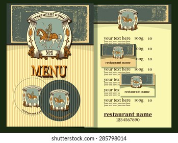 Menu design set contains templates  for  business card,coaster,menu,price,label with knight on horseback on vintage background.Menu design set.Vintage style.