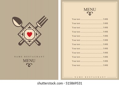 Menu design with spoon and fork. Brochure template for restaurant. Vector illustration