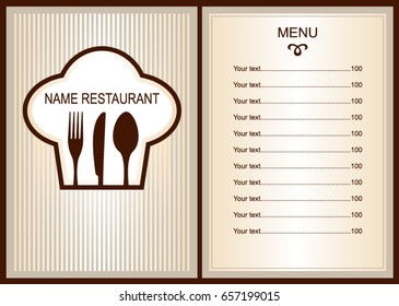 Menu design with spoon, fork, knife. Brochure template for restaurant. Vector image. 