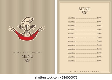 Menu design with spoon, knife and fork. Brochure template for restaurant. Vector illustration