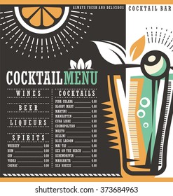 Menüdesign-Vorlage für Cocktaillounge. Cocktail Liste Titelbild Illustration. Vektorillustration-Grafik. Getränke-Menü.