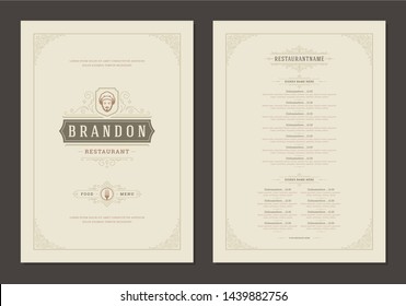 Menu design template with cover and restaurant vintage logo vector brochure. Male chef face in hat symbol illustration and ornament frame and swirls decoration.