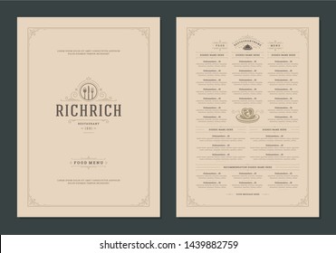 Menu design template with cover and restaurant vintage logo vector brochure. Kitchen tools symbol illustration and ornament frame and swirls decoration.