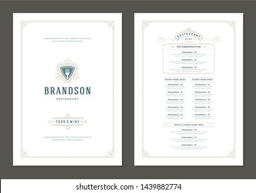 Menu design template with cover and restaurant vintage logo vector brochure. Fork symbol illustration and ornament frame and swirls decoration.