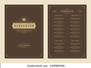 Menu design template with cover and restaurant vintage logo vector brochure. Fork symbol illustration and ornament frame and swirls decoration.