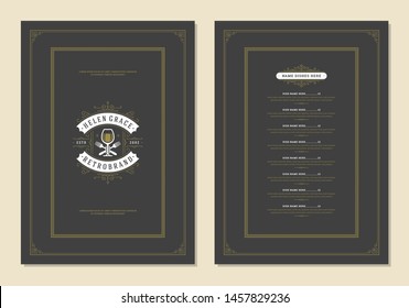 Menu design template with cover and restaurant vintage logo vector brochure. Wine glass symbol illustration and ornament frame and swirls decoration.