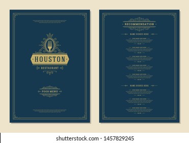 Menu design template with cover and restaurant vintage logo vector brochure. Fork symbol illustration and ornament frame and swirls decoration.
