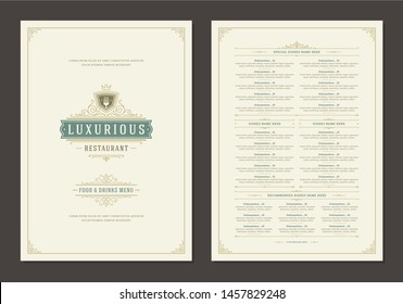 Menu design template with cover and restaurant vintage logo vector brochure. Fork symbol illustration and ornament frame and swirls decoration.
