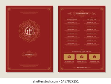 Menu design template with cover and restaurant vintage logo vector brochure. Kitchen tools symbol illustration and ornament frame and swirls decoration.
