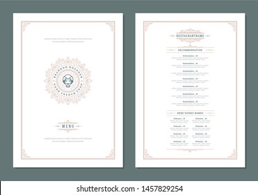 Menu design template with cover and restaurant vintage logo vector brochure. Female chef face in hat symbol illustration and ornament frame and swirls decoration.