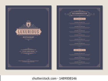 Menu design template with cover and restaurant vintage logo vector brochure. Spoon symbol illustration and ornament frame and swirls decoration.