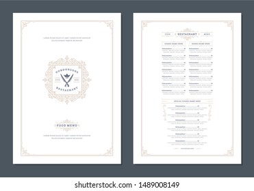 Menu design template with cover and restaurant vintage logo vector brochure. Knife symbol illustration and ornament frame and swirls decoration.
