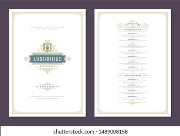 Menu design template with cover and restaurant vintage logo vector brochure. Spoon symbol illustration and ornament frame and swirls decoration.