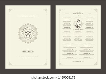 Menu design template with cover and restaurant vintage logo vector brochure. Spoon symbol illustration and ornament frame and swirls decoration.