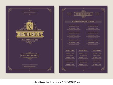 Menu design template with cover and restaurant vintage logo vector brochure. Fork symbol illustration and ornament frame and swirls decoration.